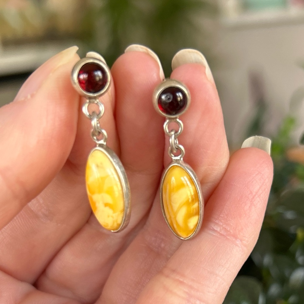 Vintage Sterling Silver Yellow Amber Drop Earrings